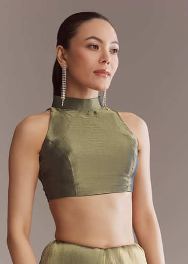 Olive Green Tissue Saree With Zari And Stone Embroidery