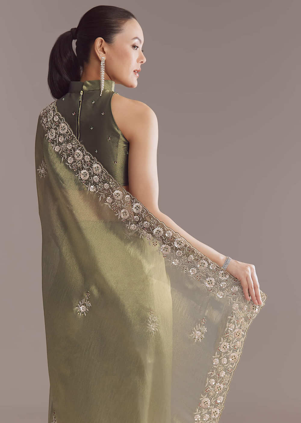 Olive Green Tissue Saree With Zari And Stone Embroidery