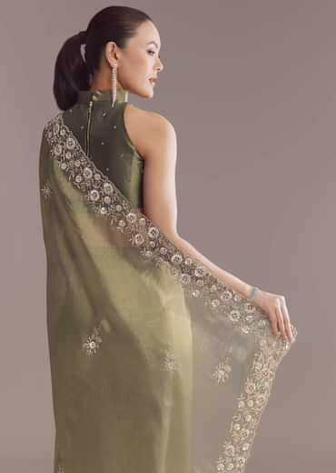 Olive Green Tissue Saree With Zari And Stone Embroidery