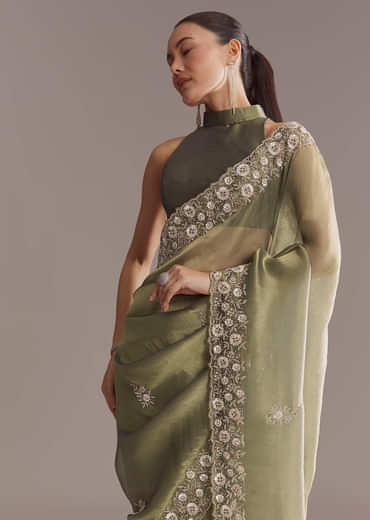 Olive Green Tissue Saree With Zari And Stone Embroidery