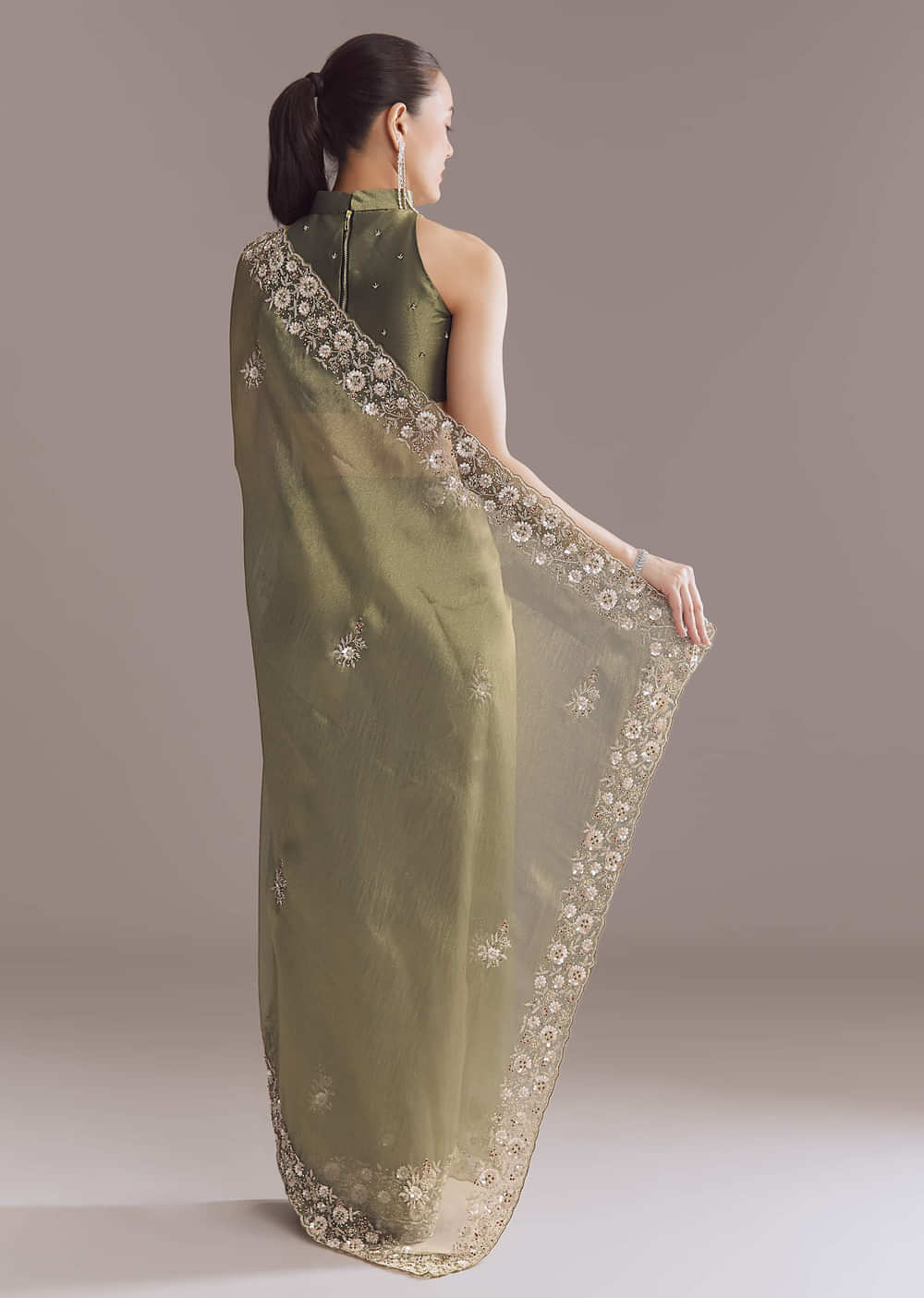 Olive Green Tissue Saree With Zari And Stone Embroidery