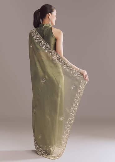 Olive Green Tissue Saree With Zari And Stone Embroidery