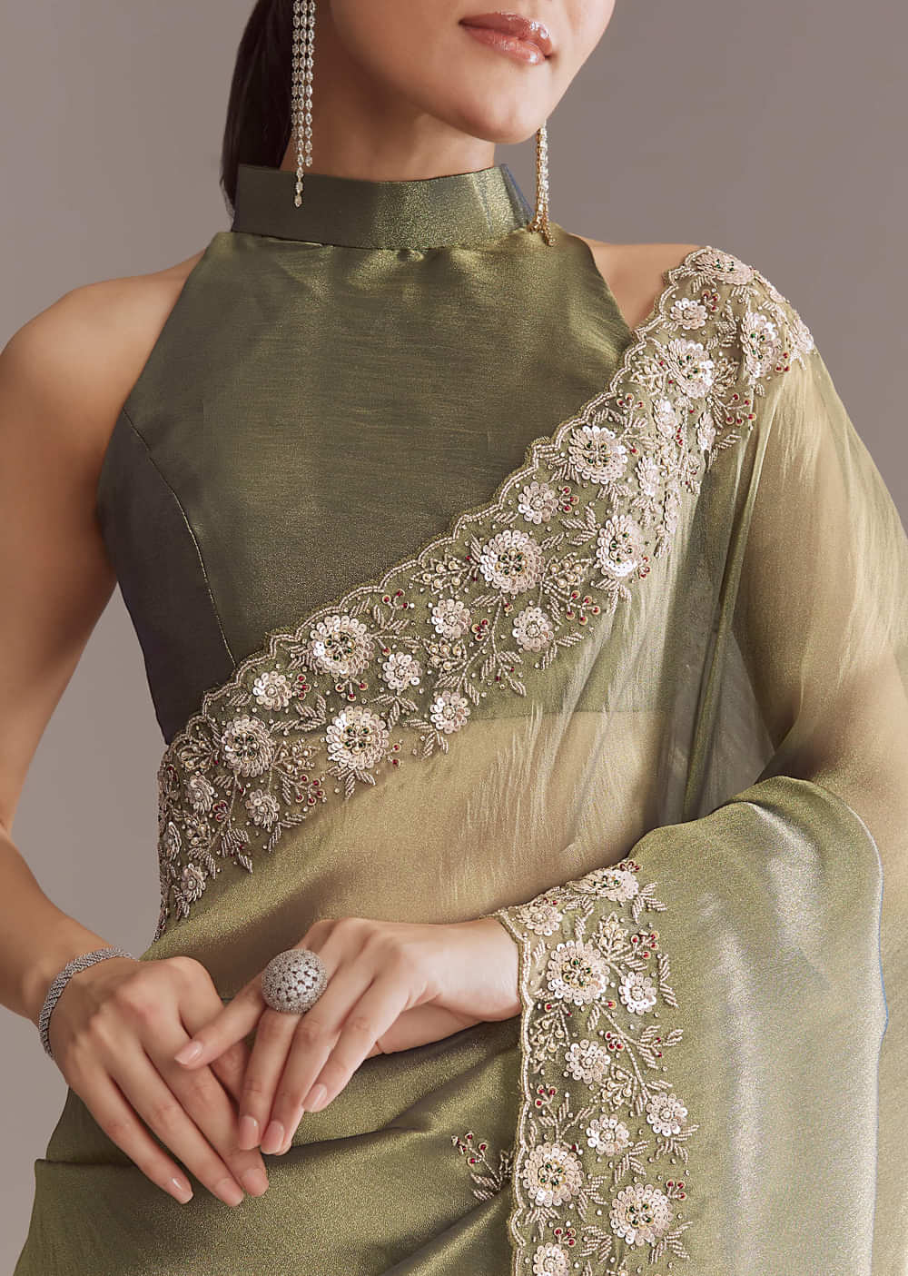 Olive Green Tissue Saree With Zari And Stone Embroidery