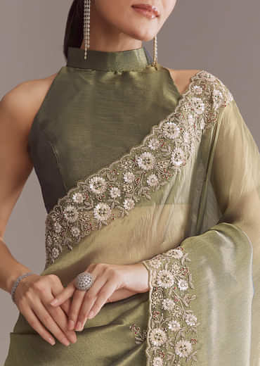 Olive Green Tissue Saree With Zari And Stone Embroidery