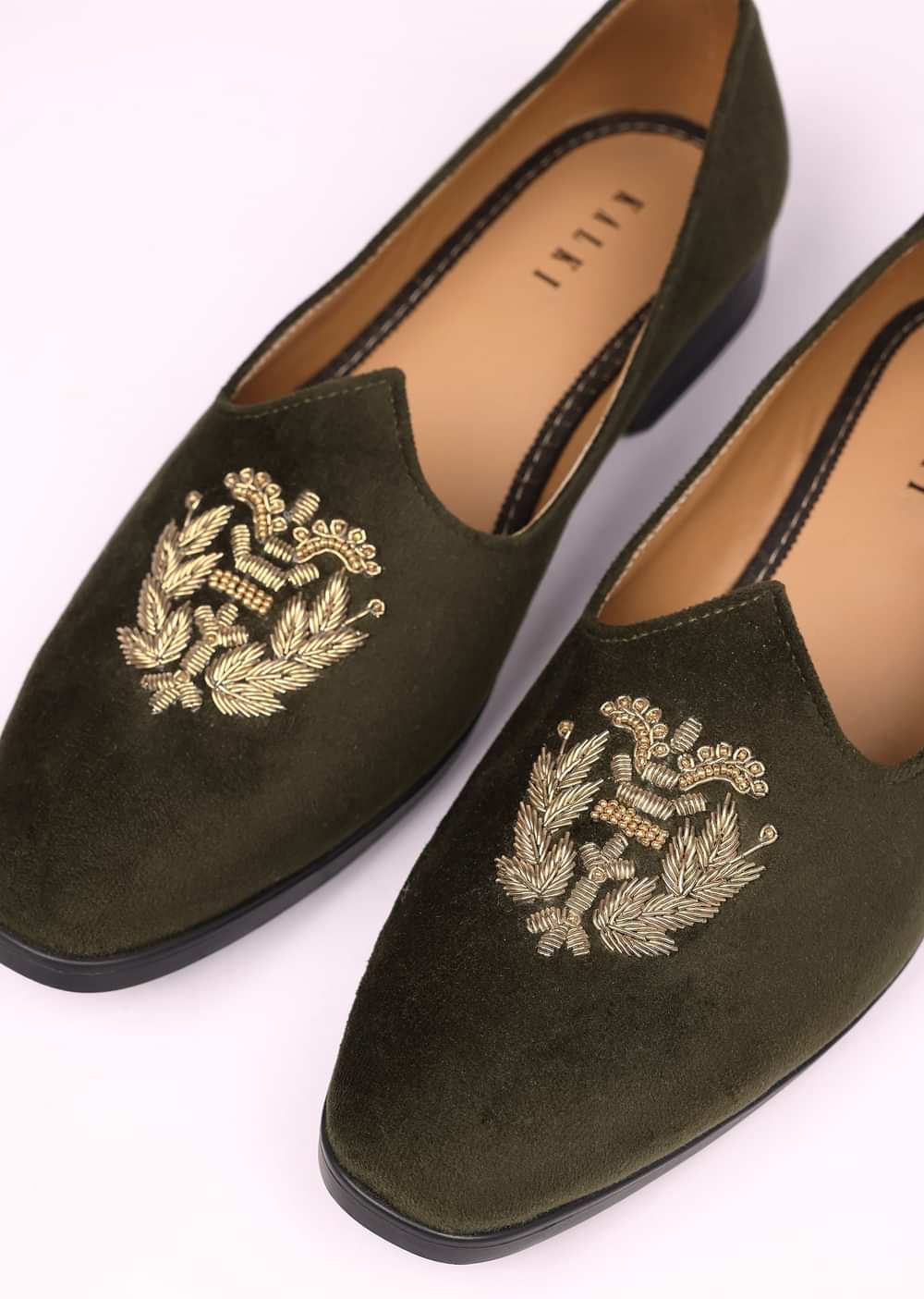 Olive Green Velvet Jutti With Hand Work For Men