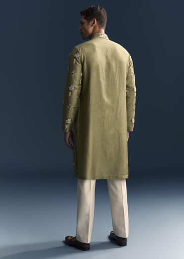 Olive Kurta Set For Men With Floral Thread Embroidery