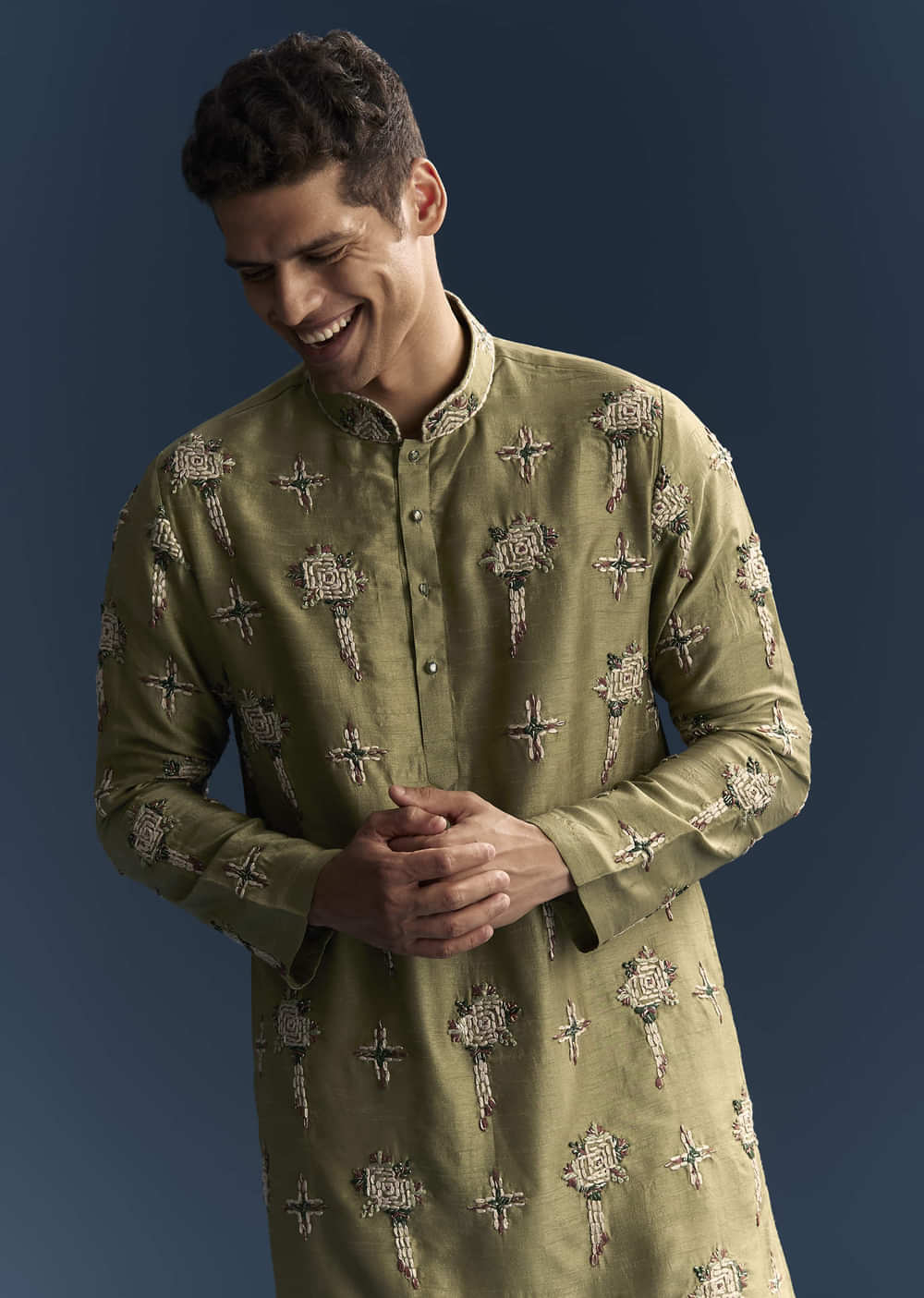 Olive Kurta Set For Men With Floral Thread Embroidery