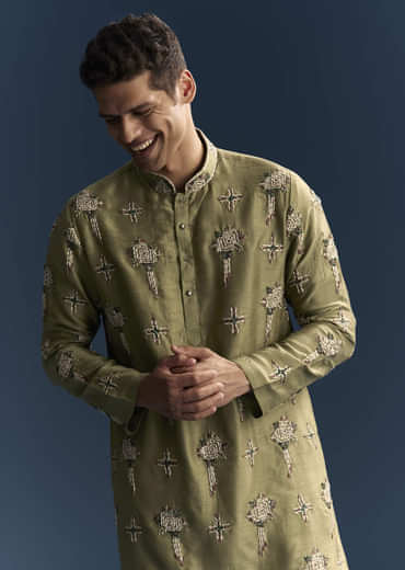 Olive Kurta Set For Men With Floral Thread Embroidery