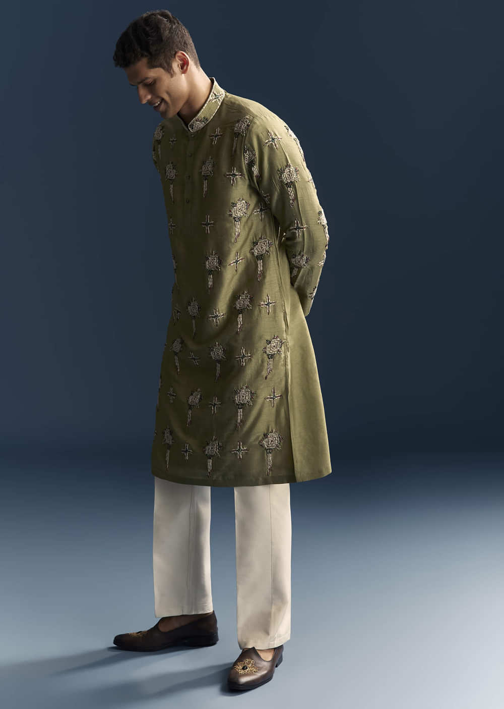 Olive Kurta Set For Men With Floral Thread Embroidery