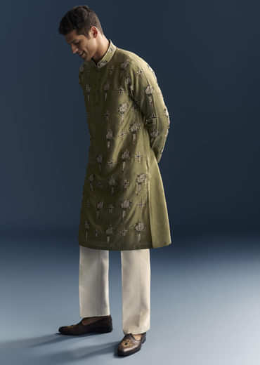 Olive Kurta Set For Men With Floral Thread Embroidery