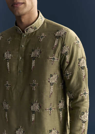 Olive Kurta Set For Men With Floral Thread Embroidery