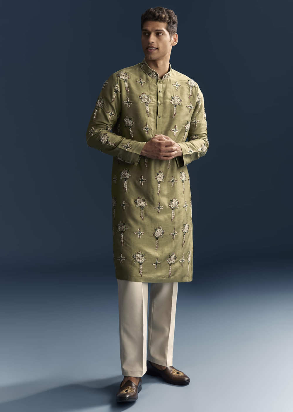 Olive Kurta Set For Men With Floral Thread Embroidery