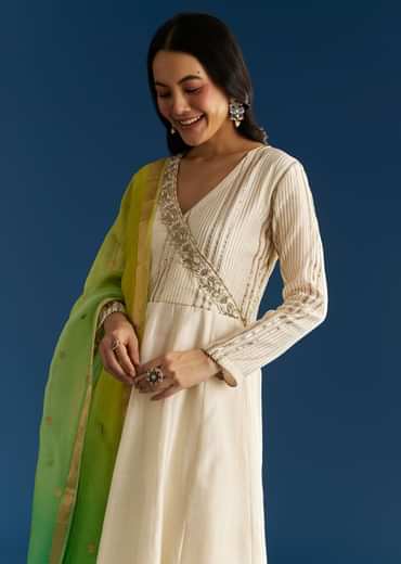 Ombre Chanderi Angrakha Style Anarkali Suit With Ombre Dupatta