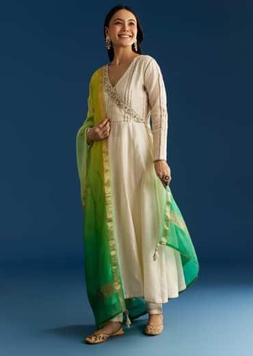Ombre Chanderi Angrakha Style Anarkali Suit With Ombre Dupatta