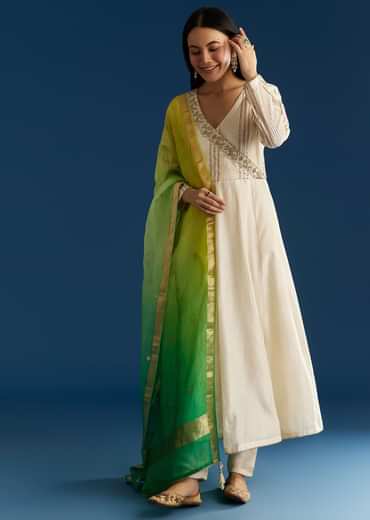 Ombre Chanderi Angrakha Style Anarkali Suit With Ombre Dupatta