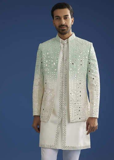 Ombre Green Silk Indo Western Jacket Set With Mirror And Thread Work