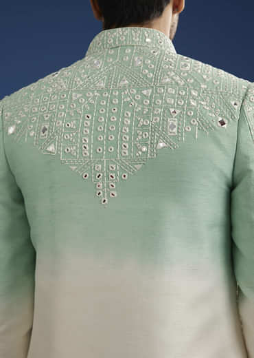 Ombre Green Silk Indo Western Jacket Set With Mirror And Thread Work