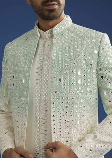Ombre Green Silk Indo Western Jacket Set With Mirror And Thread Work