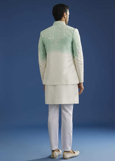 Ombre Green Silk Indo Western Jacket Set With Mirror And Thread Work
