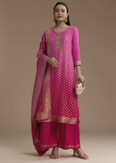 Ombre Pink Jacquard Weave Kurta Set