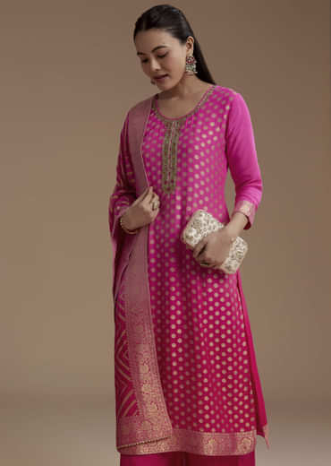 Ombre Pink Jacquard Weave Kurta Set