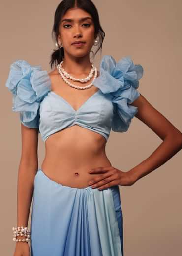 Ombre Blue Satin Saree With Fancy Organza Ruffle Blouse