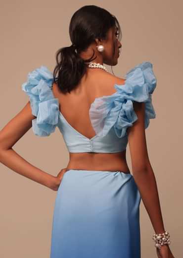 Ombre Blue Satin Saree With Fancy Organza Ruffle Blouse