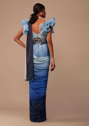 Ombre Blue Satin Saree With Fancy Organza Ruffle Blouse