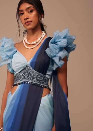 Ombre Blue Satin Saree With Fancy Organza Ruffle Blouse