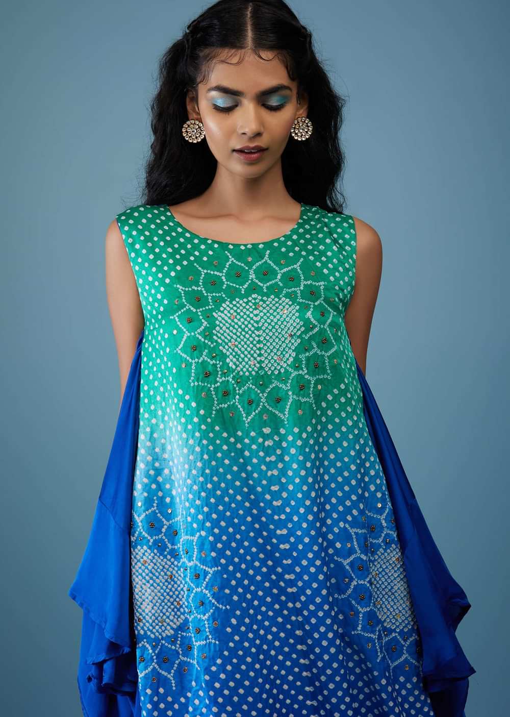 Ombre Shaded Indigo And Mint Blue Bandhani Tunic Top In Gajji Silk With Printed Silk Cowl Dhoti