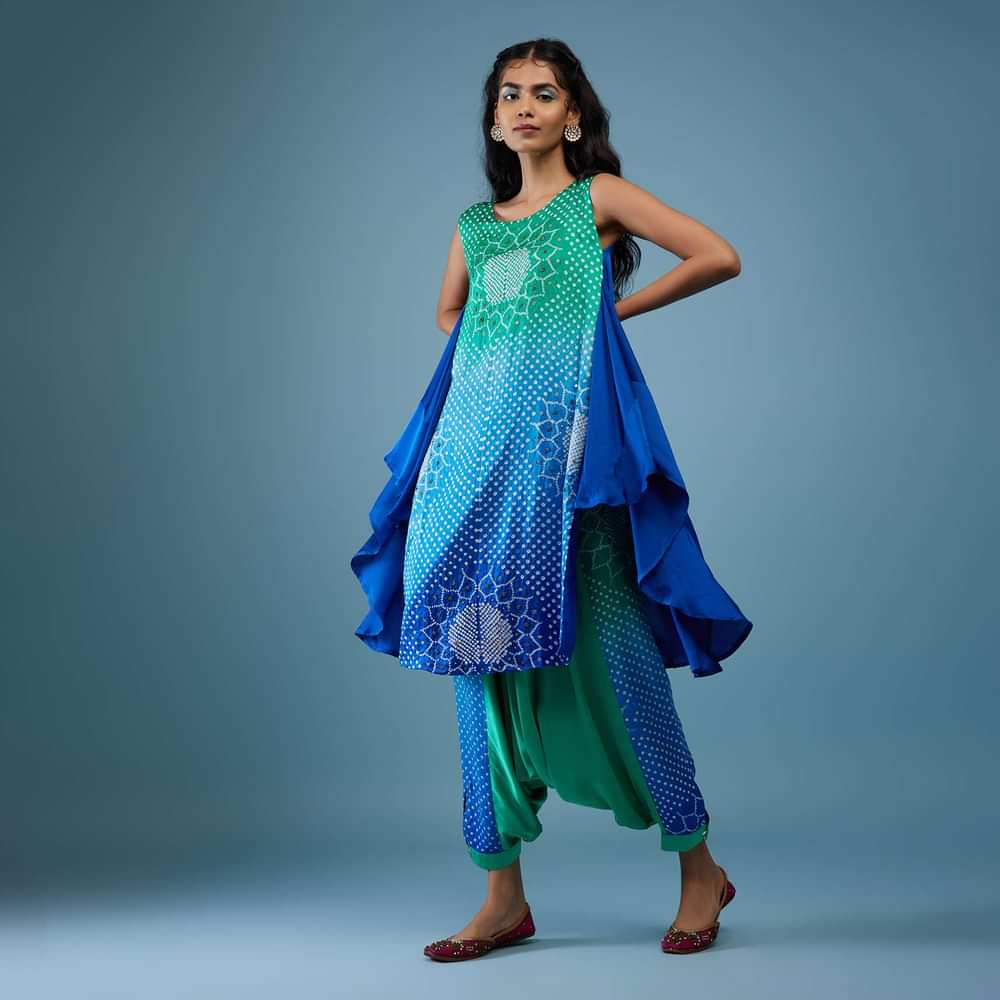 Ombre Shaded Indigo And Mint Blue Bandhani Tunic Top In Gajji Silk With Printed Silk Cowl Dhoti