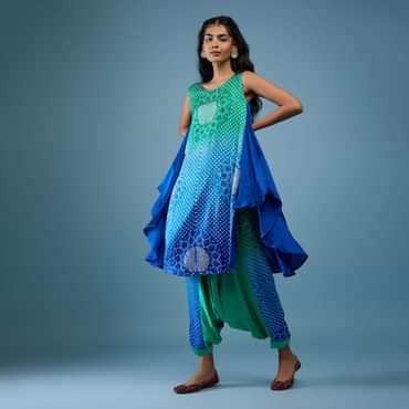 Ombre Shaded Indigo And Mint Blue Bandhani Tunic Top In Gajji Silk With Printed Silk Cowl Dhoti