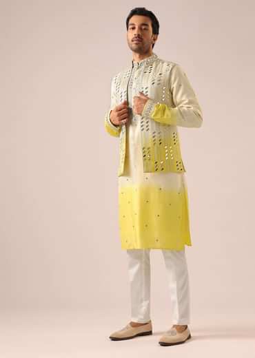 Ombre Yellow Jacket And Kurta Set with Mirror Work