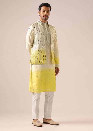 Ombre Yellow Jacket And Kurta Set with Mirror Work