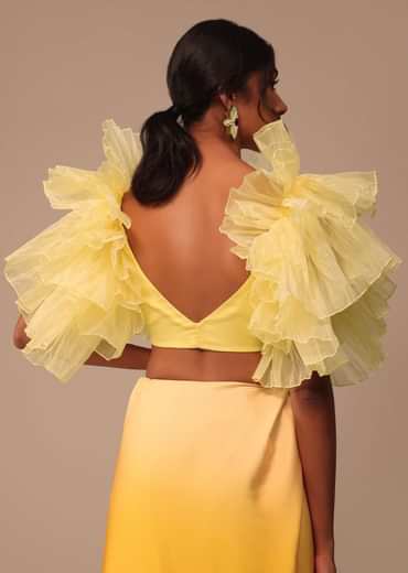 Ombre Yellow Satin Saree With Cut Work Belt