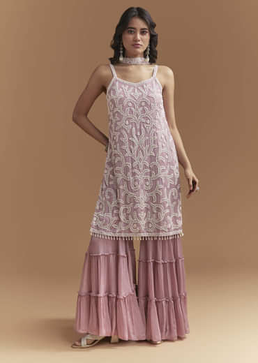 Onion Pink Chinon Sharara Suit With Cutdana And Moti Work