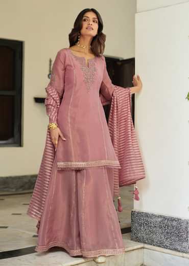 Onion Pink Embroidered Kurti Palazzo Set With Dupatta