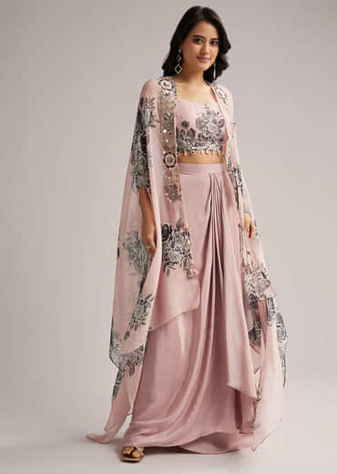 Onion Pink Floral Cape Set With Crop Top And Skirt