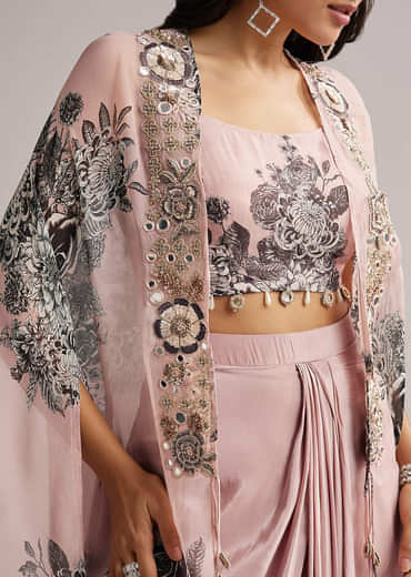 Onion Pink Floral Cape Set With Crop Top And Skirt