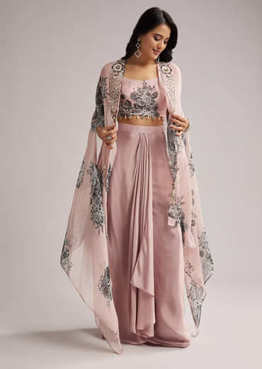 Onion Pink Floral Cape Set With Crop Top And Skirt
