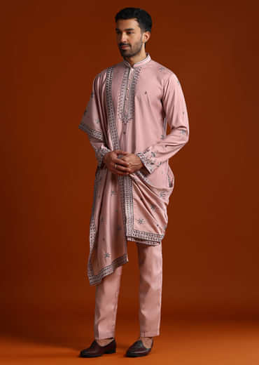 Onion Pink Kurta Set For Men With Thread Work