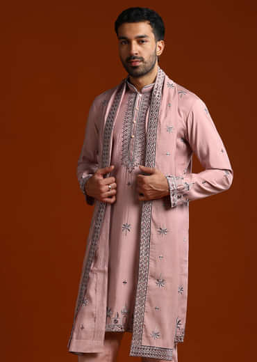 Onion Pink Kurta Set For Men With Thread Work