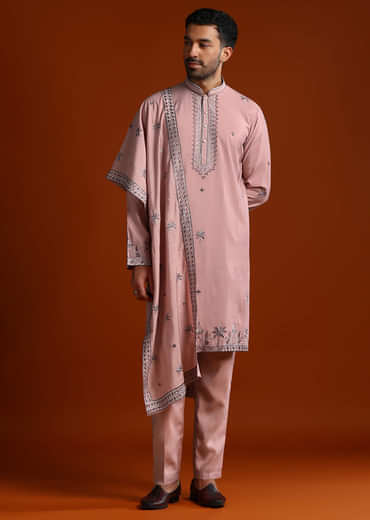 Onion Pink Kurta Set For Men With Thread Work