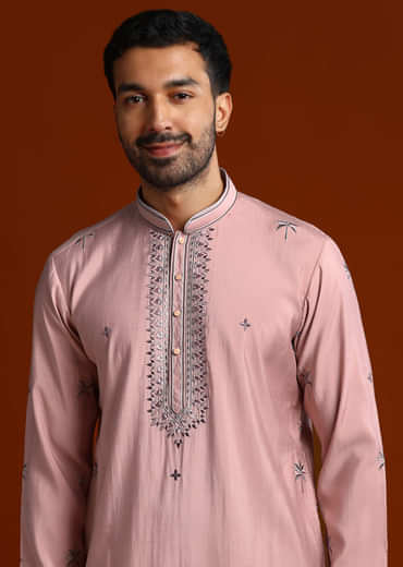 Onion Pink Kurta Set For Men With Thread Work