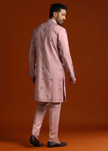 Onion Pink Kurta Set For Men With Thread Work