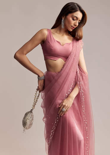 Onion Pink Net Saree With Sequins Embroidery