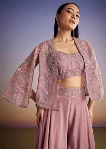 Onion Pink Organza Jacket Set With Cutdana And Beads Work
