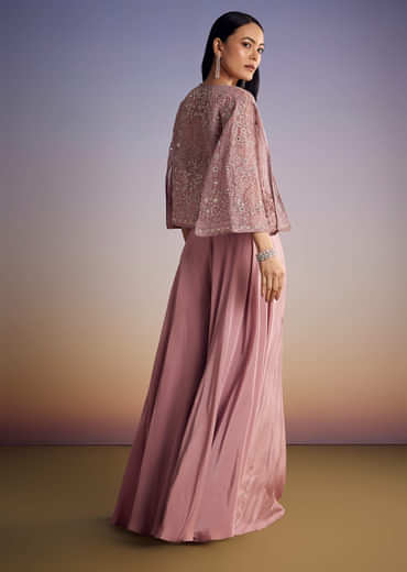 Onion Pink Organza Jacket Set With Cutdana And Beads Work