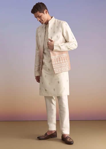 Onion Pink Silk Kurta Jacket Set For Men With Applique Work