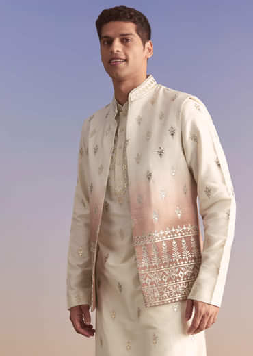 Onion Pink Silk Kurta Jacket Set For Men With Applique Work